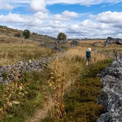 Randonneuse sur un sentier bordé de murs en pierre sèche sur le mont Aubrac, sous un ciel bleu parsemé de nuages.