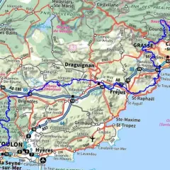 Carte de la région PACA, de Marseille à Nice, avec les routes et villes principales. Itinéraire gr 51 étapes.