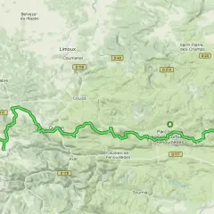 Carte du sentier cathare, montrant les étapes à travers les Pyrénées-Orientales et l'Aude, de Montségur à Sigean.