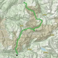 Carte d'une traversée de la Vanoise, montrant la route verte traversant le parc national, de Modane à Bellent.
