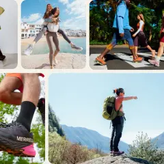Des personnes actives portent des chaussures Merrell dans divers environnements, de la ville à la montagne.
