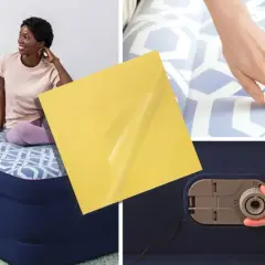 Un couple sur un matelas gonflable. Une main teste la surface. Un patch jaune et une valve sont visibles. Comment trouver trou matelas gonflable ?