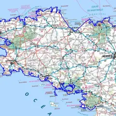 Carte routière de la Bretagne, montrant les routes principales comme la E50 et la N165, avec des villes comme Brest, Rennes et Nantes. La distance gr 34 est indiquée.