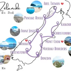 Carte de la Nouvelle-Zélande, île du Sud, avec un itinéraire suggéré pour un voyage en septembre. Points d'intérêt : Abel Tasman, Pancake Rocks, Franz Josef, Wanaka, Queenstown, Mont Cook, Kaikoura, Christchurch, Moeraki Boulders, Dunedin.