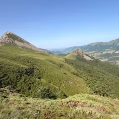 Vue panoramique sur le Puy Griou, sommet emblématique du Cantal, avec ses pentes verdoyantes et rocheuses sous un ciel bleu.