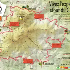 Carte du "tour du Canigó" avec les refuges, les sentiers et les dénivelés. Une invitation à vivre l'expérience de la montagne.
