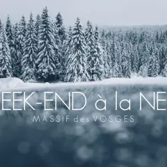 Week-end à la neige dans le Massif des Vosges, avec des sapins enneigés et un lac brumeux.