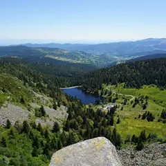 Vue panoramique sur un lac entouré de forêts denses, typique des 14 sommets des Vosges. Le ciel est clair et bleu.
