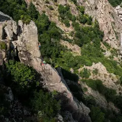 Escalade dans les gorges du Bramont. Deux grimpeurs évoluent sur un piton rocheux, entourés de végétation luxuriante.