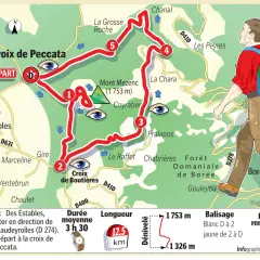 Carte d'une randonnée vers le Mont Mezenc, départ de la Croix de Peccata. Le parcours est balisé et indiqué par des numéros.