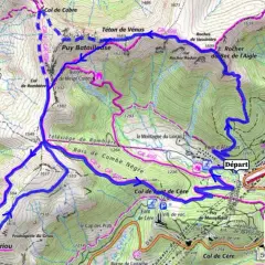Carte IGN du Cantal : itinéraire de randonnée passant par le Puy Griou, le Téton de Vénus et le Col de Cère.