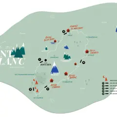 Carte stylisée du **parcours** du Mont Blanc, montrant refuges, cols et villes en France, Suisse et Italie.