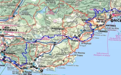 Carte de la région PACA, de Marseille à Nice, avec les routes et villes principales. Itinéraire gr 51 étapes.