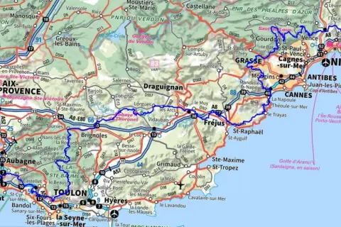Carte de la région PACA, de Marseille à Nice, avec les routes et villes principales. Itinéraire gr 51 étapes.