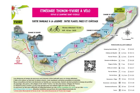 Carte d'un itinéraire à vélo autour du lac Léman, idéal pour un tour du lac Léman vélo en 3 jours, avec des étapes familiales.