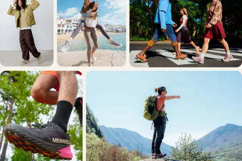 Des personnes actives portent des chaussures Merrell dans divers environnements, de la ville à la montagne.