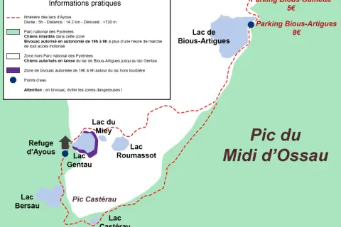 Carte des lacs d'Ayous et du Pic du Midi d'Ossau. Itinéraire, refuges, et informations pratiques pour le bivouac.