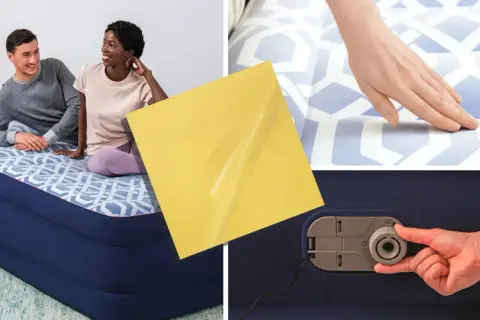 Un couple sur un matelas gonflable. Une main teste la surface. Un patch jaune et une valve sont visibles. Comment trouver trou matelas gonflable ?
