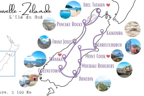 Carte de la Nouvelle-Zélande, île du Sud, avec un itinéraire suggéré pour un voyage en septembre. Points d'intérêt : Abel Tasman, Pancake Rocks, Franz Josef, Wanaka, Queenstown, Mont Cook, Kaikoura, Christchurch, Moeraki Boulders, Dunedin.