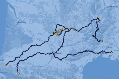Carte des routes de France, avec une voie du célé mise en évidence en jaune.