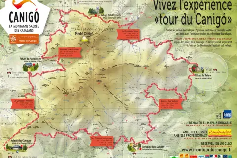 Carte du "tour du Canigó" avec les refuges, les sentiers et les dénivelés. Une invitation à vivre l'expérience de la montagne.