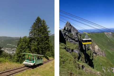 Le funiculaire du Puy de Sancy monte à travers les montagnes verdoyantes. Une cabine jaune transporte des passagers vers le sommet.