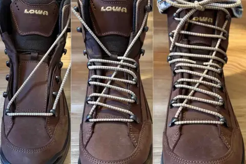 Tuto noeud lacet : trois étapes pour lacer une chaussure de randonnée marron.