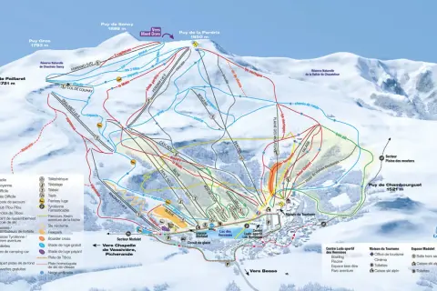 Carte des pistes de ski de **Besse Mont Dore**, avec les sommets, les remontées mécaniques, les pistes de différents niveaux et les points d'intérêt.
