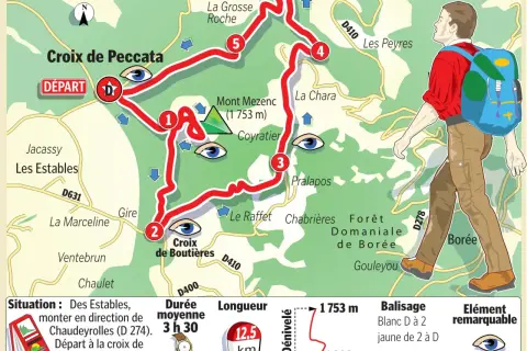 Carte d'une randonnée vers le Mont Mezenc, départ de la Croix de Peccata. Le parcours est balisé et indiqué par des numéros.