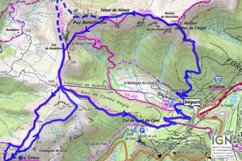 Carte IGN du Cantal : itinéraire de randonnée passant par le Puy Griou, le Téton de Vénus et le Col de Cère.