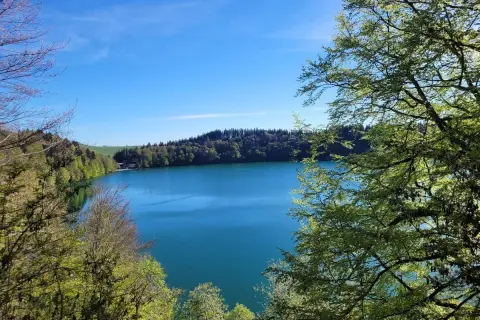 Vue magnifique d'une randonnée au lac Pavin, avec ses eaux bleues profondes entourées de forêts verdoyantes sous un ciel clair.