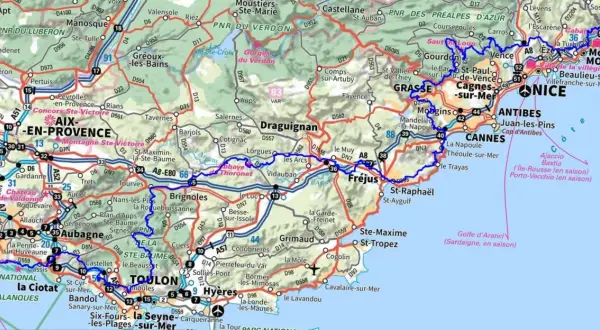 Carte de la région PACA, de Marseille à Nice, avec les routes et villes principales. Itinéraire gr 51 étapes.