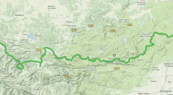 Carte du sentier cathare, montrant les étapes à travers les Pyrénées-Orientales et l'Aude, de Montségur à Sigean.