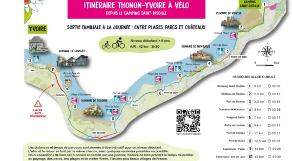 Carte d'un itinéraire à vélo autour du lac Léman, idéal pour un tour du lac Léman vélo en 3 jours, avec des étapes familiales.