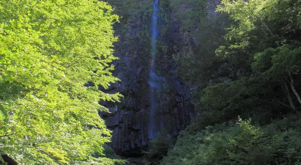 Randonnée dans la vallée de Chaudefour, la cascade de la Biche se dévoile à travers une végétation luxuriante et verdoyante.