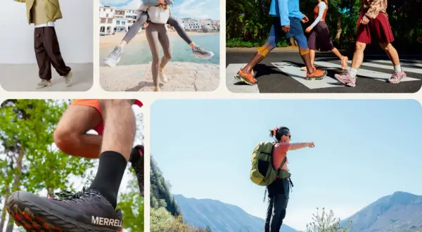 Des personnes actives portent des chaussures Merrell dans divers environnements, de la ville à la montagne.