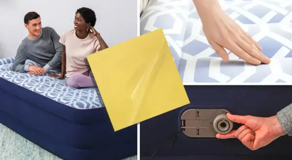 Un couple sur un matelas gonflable. Une main teste la surface. Un patch jaune et une valve sont visibles. Comment trouver trou matelas gonflable ?