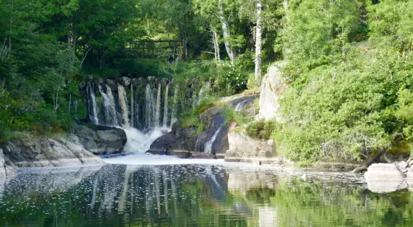 Belle cascade au lac de Naussac, entourée de verdure luxuriante. L'eau tombe sur des rochers, créant une mousse blanche.
