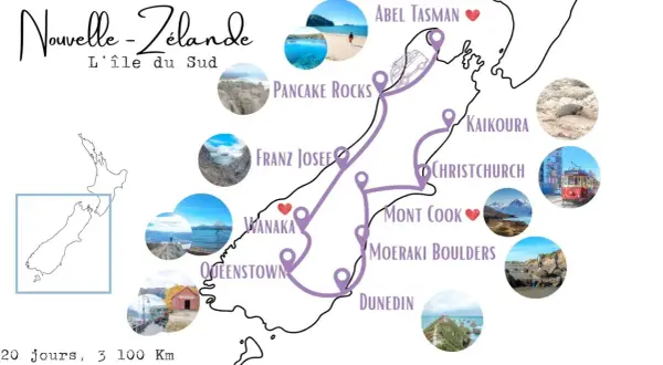 Carte de la Nouvelle-Zélande, île du Sud, avec un itinéraire suggéré pour un voyage en septembre. Points d'intérêt : Abel Tasman, Pancake Rocks, Franz Josef, Wanaka, Queenstown, Mont Cook, Kaikoura, Christchurch, Moeraki Boulders, Dunedin.