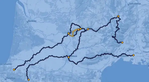 Carte des routes de France, avec une voie du célé mise en évidence en jaune.