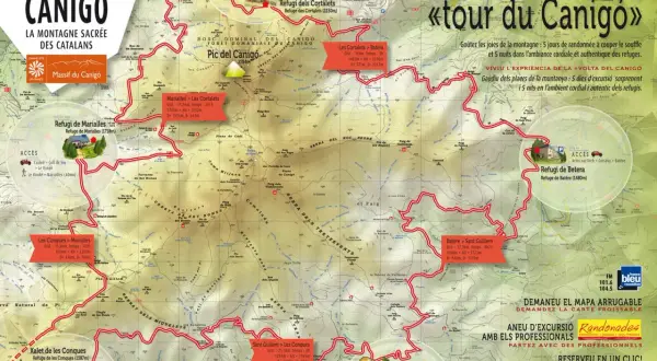 Carte du "tour du Canigó" avec les refuges, les sentiers et les dénivelés. Une invitation à vivre l'expérience de la montagne.