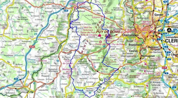 Carte de la rando Chaîne des Puys, avec le Puy de Dôme bien visible.