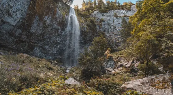 La grande cascade du Mont-Dore dévale une falaise rocheuse, entourée d'une végétation luxuriante et de pins.