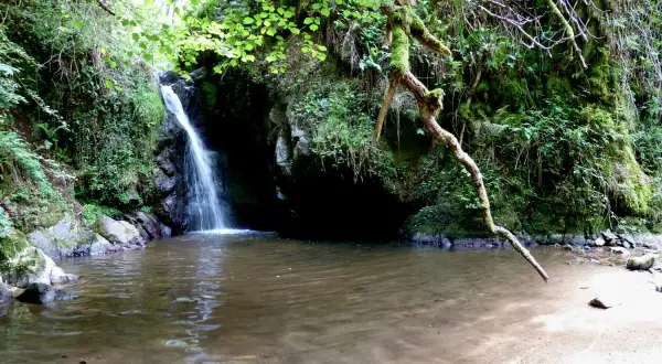 Cascade d'eau tombant dans un bassin aux gorges d'Enval, entourée de végétation luxuriante et de rochers moussus.