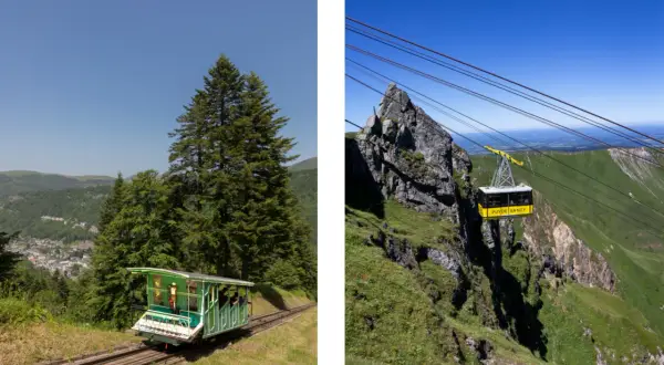 Le funiculaire du Puy de Sancy monte à travers les montagnes verdoyantes. Une cabine jaune transporte des passagers vers le sommet.