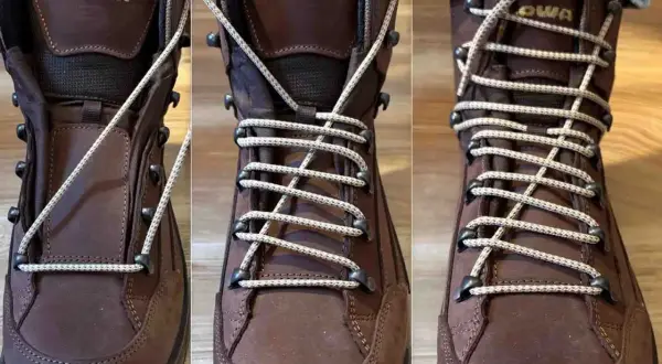 Tuto noeud lacet : trois étapes pour lacer une chaussure de randonnée marron.