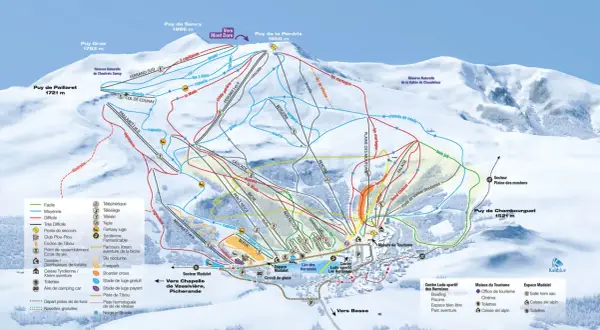 Carte des pistes de ski de **Besse Mont Dore**, avec les sommets, les remontées mécaniques, les pistes de différents niveaux et les points d'intérêt.