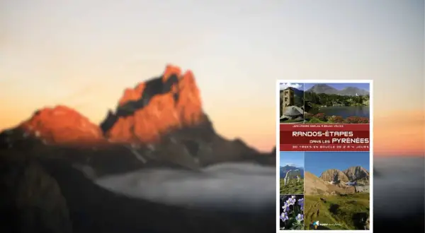 Couverture du guide "Randos-Étapes dans les Pyrénées", proposant 30 treks en boucle de 2 à 4 jours. Paysages de montagne et flore.