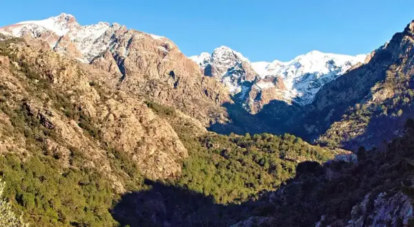 Paysage de Corse, entre mer et montagnes, idéal pour un séjour "mare e monti nord en 7 jours". Montagnes enneigées, rochers et pins.