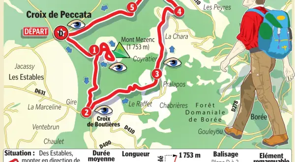 Carte d'une randonnée vers le Mont Mezenc, départ de la Croix de Peccata. Le parcours est balisé et indiqué par des numéros.